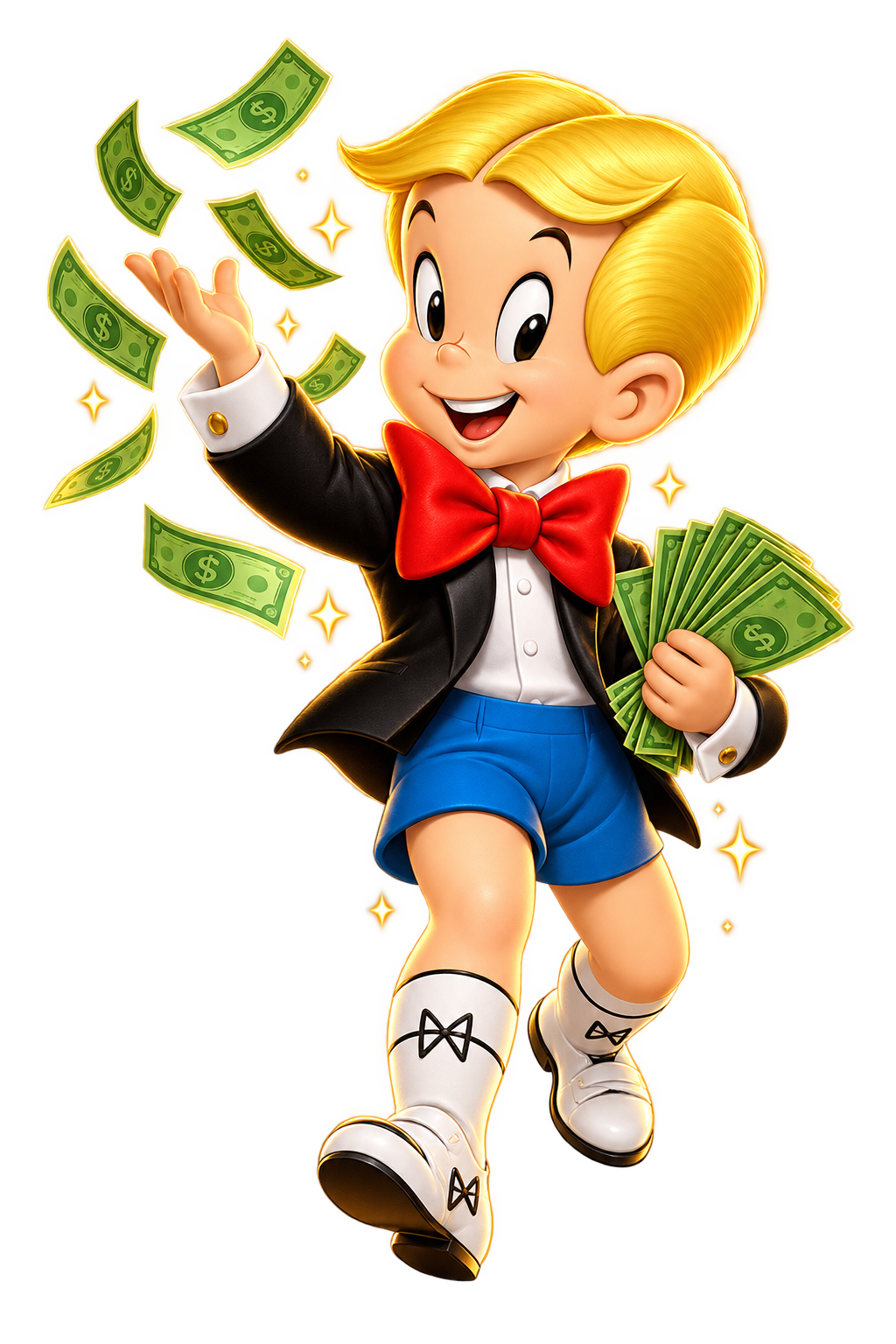 3D Richie Rich mascot holding cash